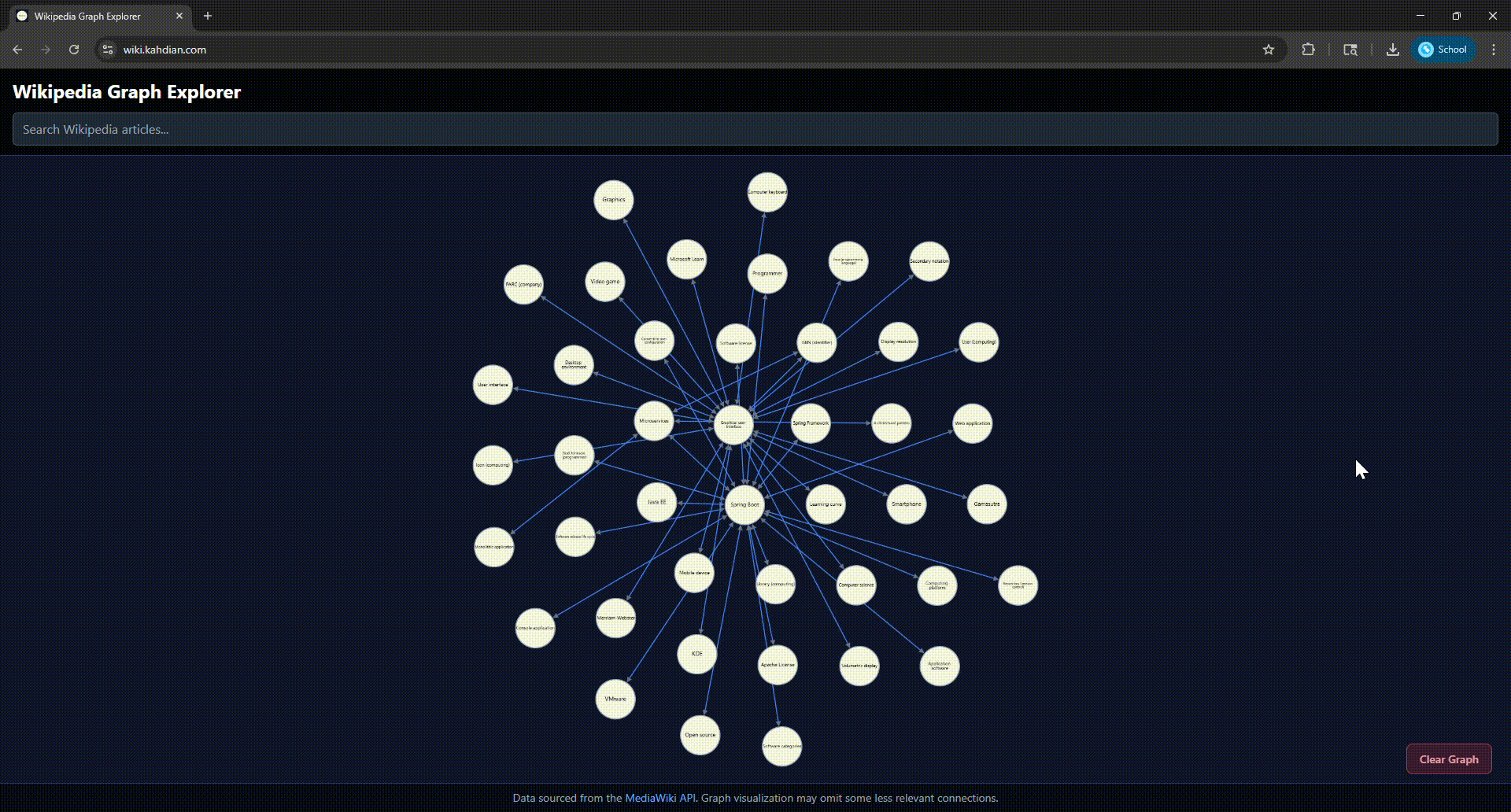 Wikipedia Explorer search functionality showing real-time article suggestions and selection